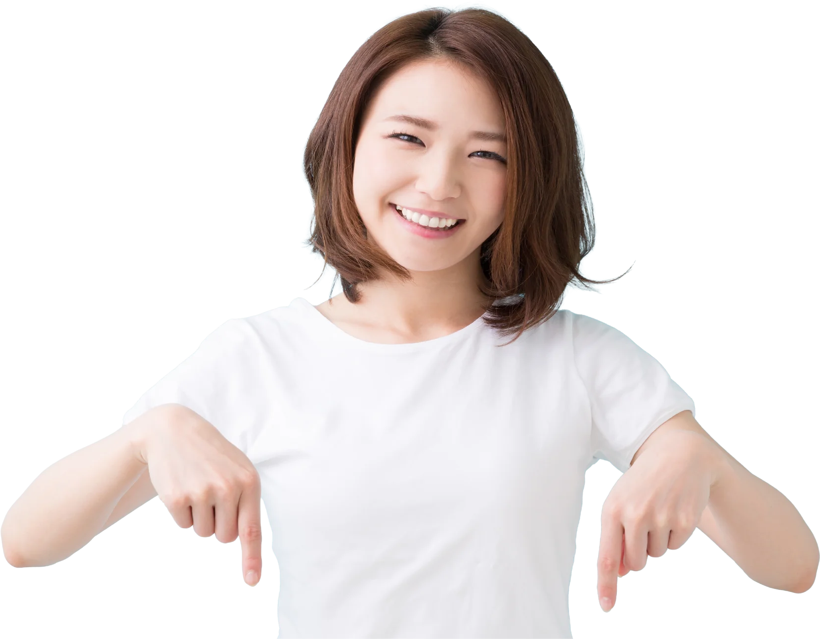 両手で下を指差す女性の写真